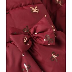 Babyhug Woven Padded/Quilted/ Winter Jacket with Full Sleeves and Bow Foil/Glitter Print in Maroon