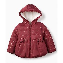 Babyhug Woven Padded/Quilted/ Winter Jacket with Full Sleeves and Bow Foil/Glitter Print in Maroon