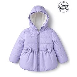 Babyhug Woven Full Sleeves Hooded Padded/Quilted/ Winter Jacket with Bow Detailing & Heart Foil Print - Purple
