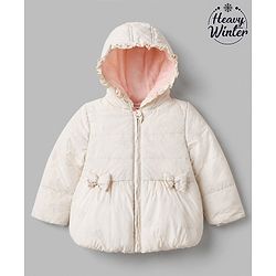 Babyhug Woven Full Sleeves Hooded Padded Winter Jacket with Bow Applique - White