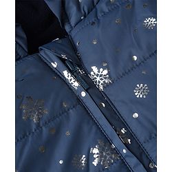 Babyhug Woven Full Sleeves Padded Hooded Winter Jacket with Snowflakes Foil Print & Bow Applique - Navy Blue