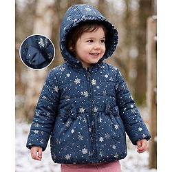 Babyhug Woven Full Sleeves Padded Hooded Winter Jacket with Snowflakes Foil Print & Bow Applique - Navy Blue