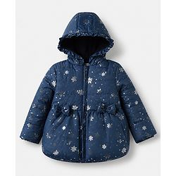 Babyhug Woven Full Sleeves Padded Hooded Winter Jacket with Snowflakes Foil Print & Bow Applique - Navy Blue