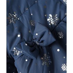 Babyhug Woven Full Sleeves Padded Hooded Winter Jacket with Snowflakes Foil Print & Bow Applique - Navy Blue