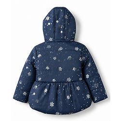 Babyhug Woven Full Sleeves Padded Hooded Winter Jacket with Snowflakes Foil Print & Bow Applique - Navy Blue