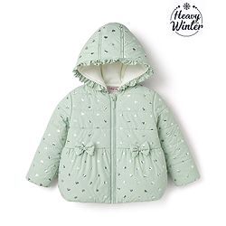 Babyhug Woven Full Sleeves Padded Hooded Jacket with Bow Applique and Hearts Print - Sea Green