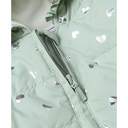 Babyhug Woven Full Sleeves Padded Hooded Jacket with Bow Applique and Hearts Print - Sea Green
