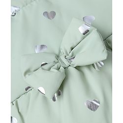 Babyhug Woven Full Sleeves Padded Hooded Jacket with Bow Applique and Hearts Print - Sea Green