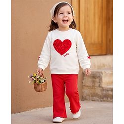 Babyhug 100% Cotton Single Jersey Knit Full Sleeves Top & Leggings Set with Heart Applique - White & Red