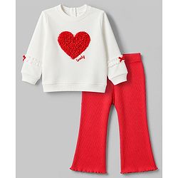 Babyhug 100% Cotton Single Jersey Knit Full Sleeves Top & Leggings Set with Heart Applique - White & Red