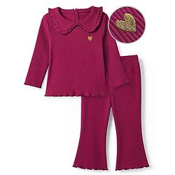 Babyhug 100% Cotton Knit Full Sleeves Top & Leggings Set With Heart Patch - Purple