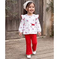 Babyhug 100% Cotton Single Jersey Knit Full Sleeves Floral Printed Top & Leggings Set - White & Red