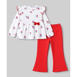 Babyhug 100% Cotton Single Jersey Knit Full Sleeves Floral Printed Top & Leggings Set - White & Red