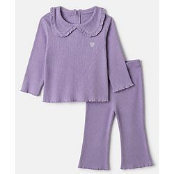 Babyhug 100% Cotton Single Jersey Knit Ribbed Full Sleeves Top and Leggings Set With Heart Embroidery - Purple