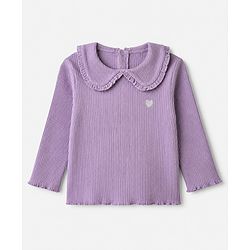 Babyhug 100% Cotton Single Jersey Knit Ribbed Full Sleeves Top and Leggings Set With Heart Embroidery - Purple