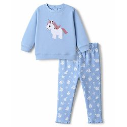 Babyhug 100% Cotton Single Jersey Knit Full Sleeves Sweatshirt and Leggings Set with Unicorn Patch & Embroidery with Floral Print - Blue