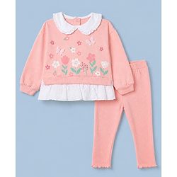 Babyhug 100% Cotton Single Jersey Knit Full Sleeves Top and Leggings with Full Length and Butterfly Applique in Pink
