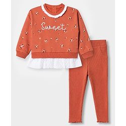Babyhug 100% Cotton Single Jersey Full Sleeves Sweatshirt and Leggings with Full Length and Sweet Print in Brown