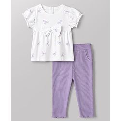 Babyhug 100% Cotton Single Jersey Knit Half Sleeves Top and Leggings Set With Bow Print - White