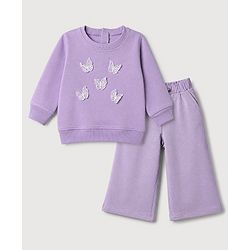 Babyhug 100% Cotton Single Jersey Knit Full Sleeves Top and Pant Set With Butterfly Applique - Lavender