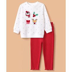 Babyhug 100% Cotton Knit Full Sleeves Top and Leggings with Penguin Reindeer Print and Bow & Polka Appliques - White & Red