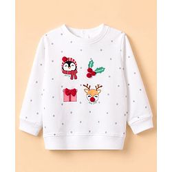 Babyhug 100% Cotton Knit Full Sleeves Top and Leggings with Penguin Reindeer Print and Bow & Polka Appliques - White & Red