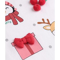 Babyhug 100% Cotton Knit Full Sleeves Top and Leggings with Penguin Reindeer Print and Bow & Polka Appliques - White & Red