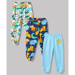 Babyhug Cotton Interlock Knit Full Length Bootie Leggings with Lion Crocodile Jungle Safari Print Pack of 3 - Navy Blue, White, Light Blue