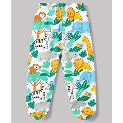 Babyhug Cotton Interlock Knit Full Length Bootie Leggings with Lion Crocodile Jungle Safari Print Pack of 3 - Navy Blue, White, Light Blue