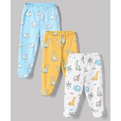 Babyhug Cotton Knit Footed Bootie Legging and Elephant Print Pack of 3 - White, Yellow & Light Blue