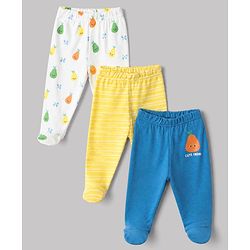 Babyhug Cotton Knit Footed Bootie Leggings With Floral Print Pack of 3 - Blue Yellow White