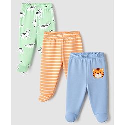 Babyhug Cotton Knit Footed Bootie Leggings With Animal Print Pack of 3 - Orange Light Green Blue