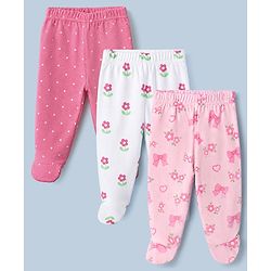 Babyhug Cotton Knit Footed Bootie Legging With Floral Print Pack of 3 - Pink White Light Pink
