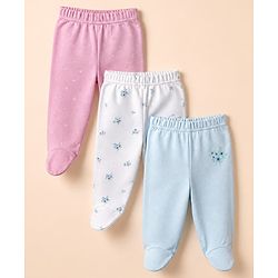 Babyhug Cotton Footed Bootie Legging With Floral Print Pack of 3 - Pink White Blue