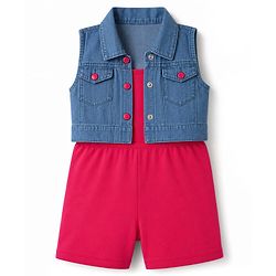 Babyhug 100% Cotton Rib Knit Sleeveless Solid Jumpsuit With Jacket -Pink