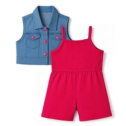 Babyhug 100% Cotton Rib Knit Sleeveless Solid Jumpsuit With Jacket -Pink