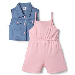 Babyhug 100% Cotton Rib Knit Sleeveless Solid Jumpsuit With Jacket -Pink