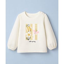 Babyhug 100% Cotton Knit T-Shirt with Full Sleeves with Bunny Floral & Butterfly Applique in Offwhite
