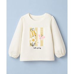 Babyhug 100% Cotton Knit T-Shirt with Full Sleeves with Bunny Floral & Butterfly Applique in Offwhite
