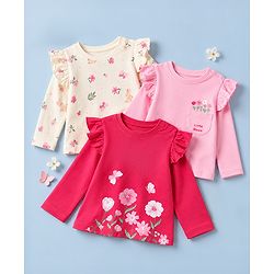 Babyhug 100% Cotton Knit Full Sleeves T-Shirts with Frill Detail and Flowers And Butterflies Print Pack of 3 - Light Pink Peach Dark Pink