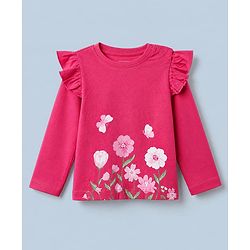 Babyhug 100% Cotton Knit Full Sleeves T-Shirts with Frill Detail and Flowers And Butterflies Print Pack of 3 - Light Pink Peach Dark Pink