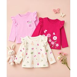 Babyhug 100% Cotton Knit Full Sleeves T-Shirts with Frill Detail and Flowers And Butterflies Print Pack of 3 - Light Pink Peach Dark Pink