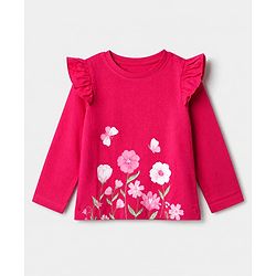 Babyhug 100% Cotton Knit Full Sleeves T-Shirts with Frill Detail and Flowers And Butterflies Print Pack of 3 - Light Pink Peach Dark Pink
