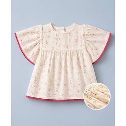 Babyhug 100% Cotton Dobby Woven Half Sleeves Aop Top With Butterfly Sleeve And Floral Print - White