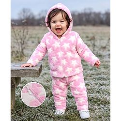 Babyhug Fur Knit Full Sleeves Hooded Winter Wear Suit With Star Design - Pink