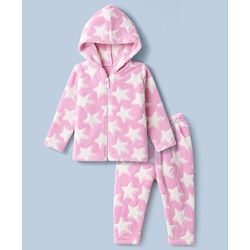 Babyhug Fur Knit Full Sleeves Hooded Winter Wear Suit With Star Design - Pink