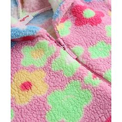 Babyhug Fur Knit Full Sleeves Hooded Winter Wear Romper With Floral Print - Pink