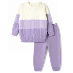 Babyhug Knit Full Sleeves  Sweater Set With Color Block & Cable Knit Design - Purple