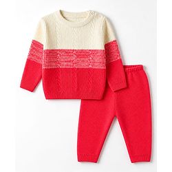Babyhug Knit Full Sleeves Sweater Set with Color Block Design - Dark Pink
