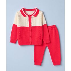 Babyhug Knit Front Open Full Sleeves Polo Collared Sweater & Pant Set with Color Block & Cable Knit - Neon Red